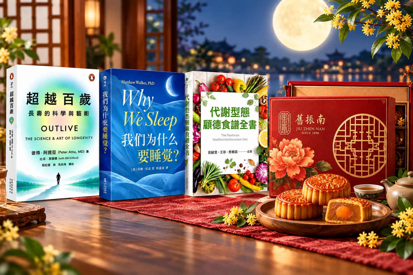 中秋月餅禮盒與三本健康生活實用書籍